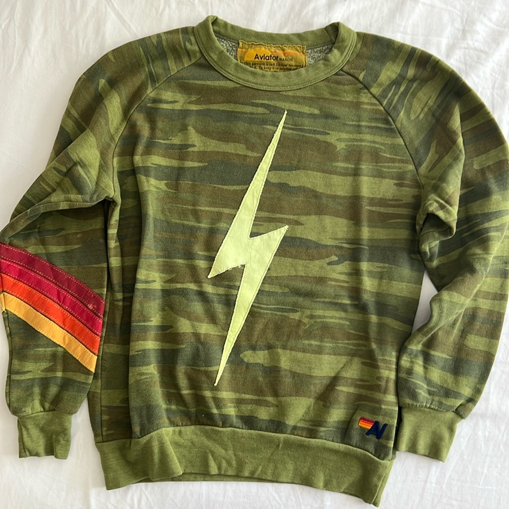 Aviator Nation Camo Green lightning crewneck sweatshirt Size S